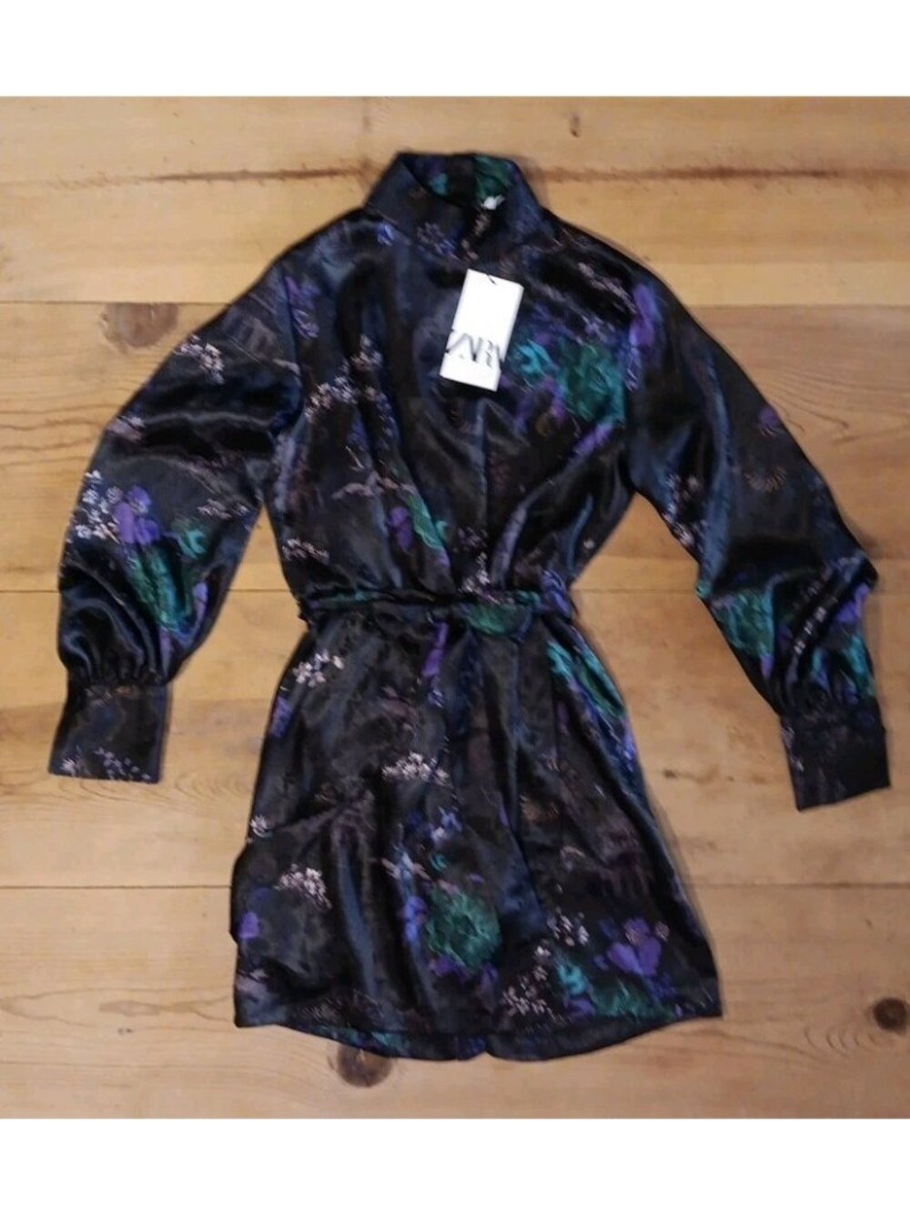 Zara Womens XS High Collar Mini Dress Belted Oriental Asian Floral Satin NWT